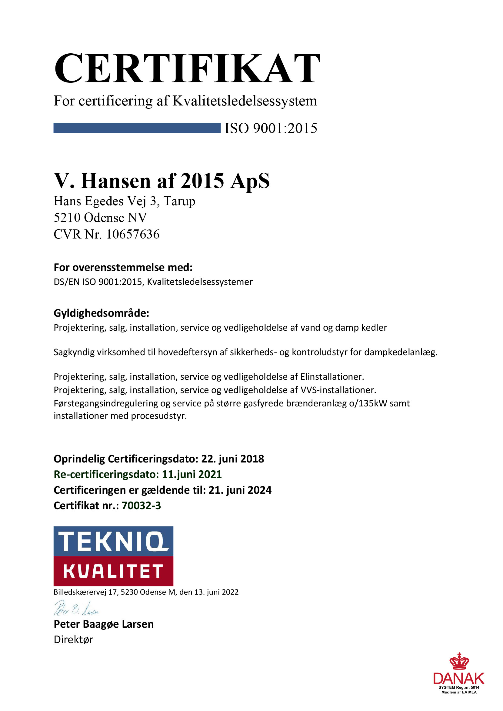 iso9001 V. Hansen ApS certifikat 2020